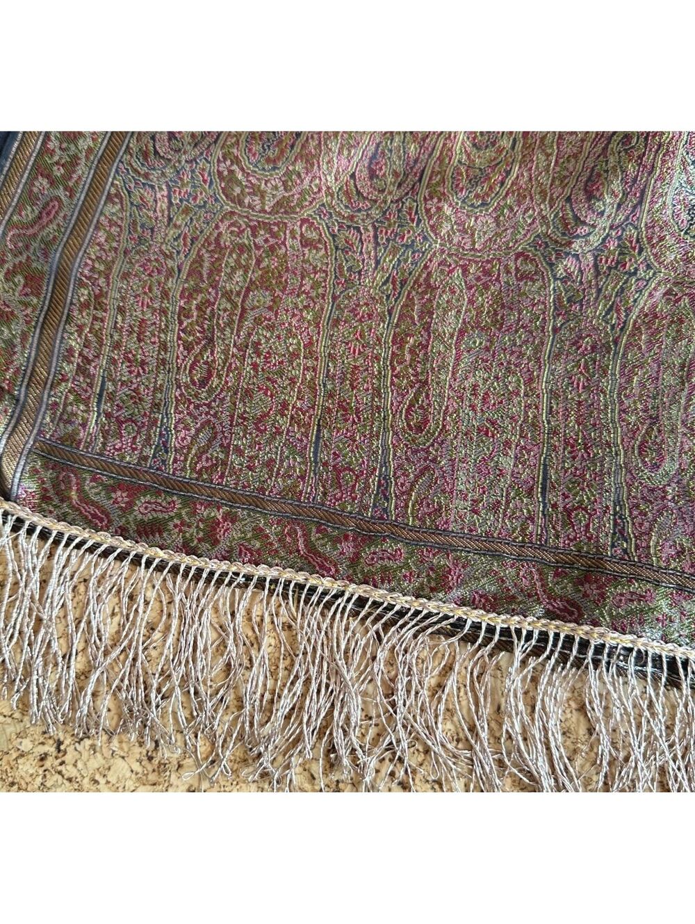 Silk Blend Paisley Shawl Wrap 70x21 Gold Green Burgundy Fringe Wedding India